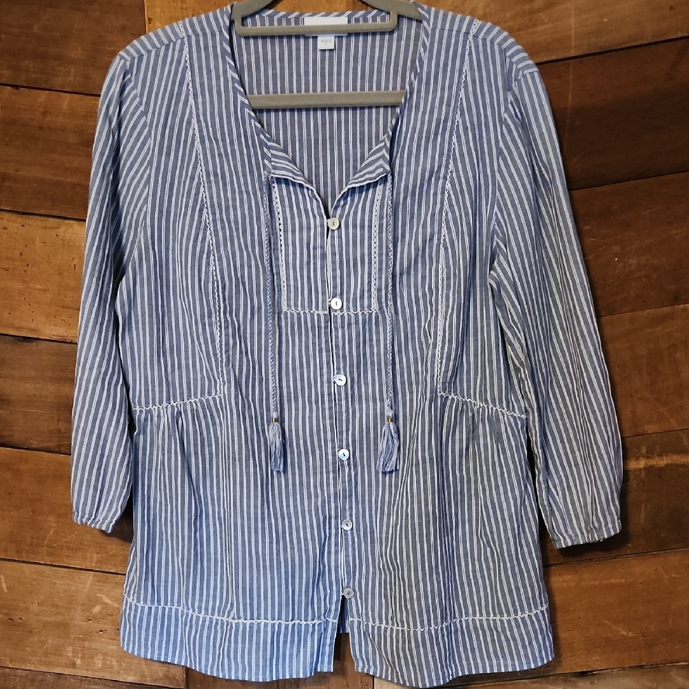 J. Jill Blue Striped Button-Up Peasant Top
